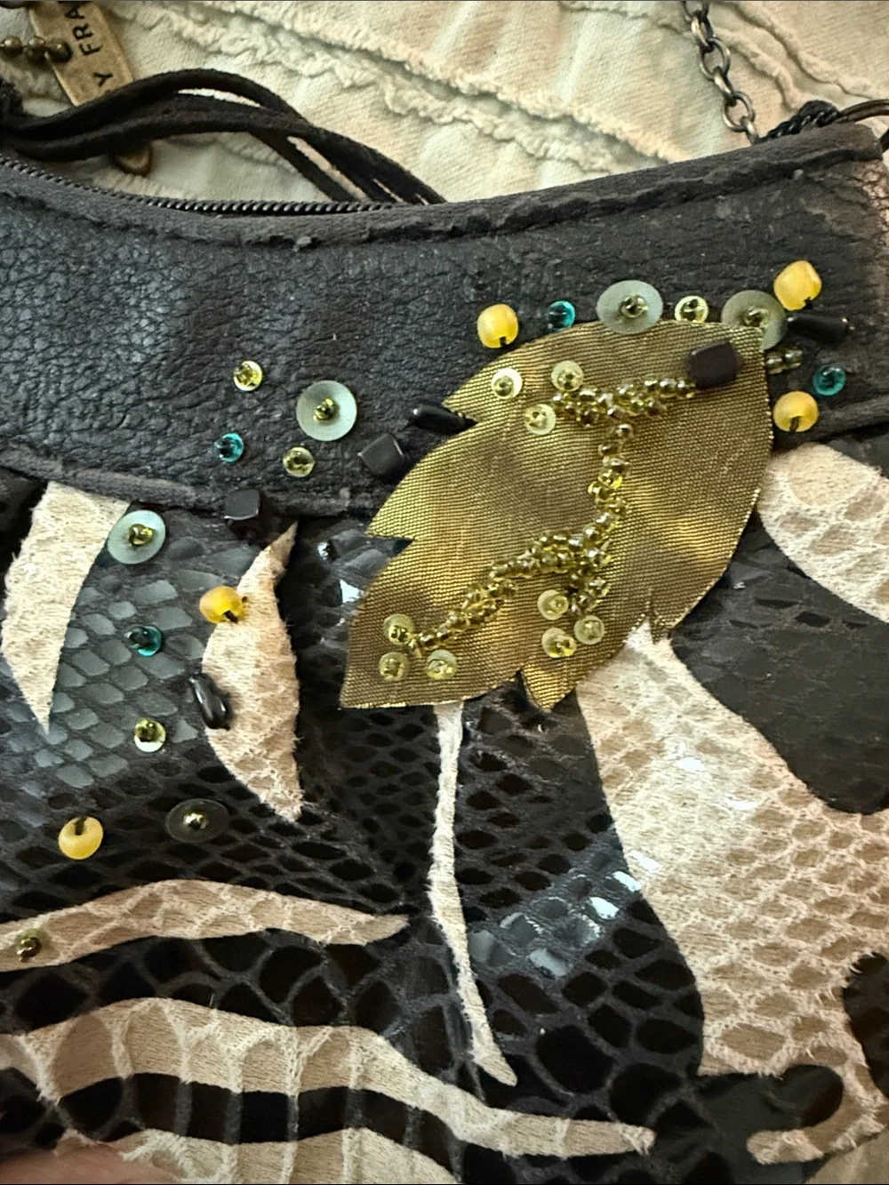 Mary Frances Teal, Yellow & Olive Floral Zebra Crossbody Bag
